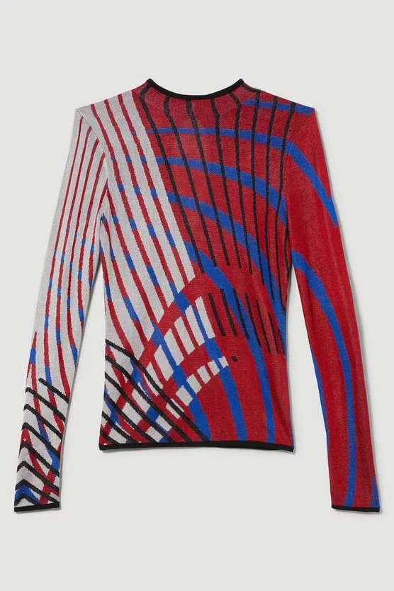 Flash Sale β Karen Millen Slinky Crew Neck Jacquard Abstract Knit Top - red β - Image 4