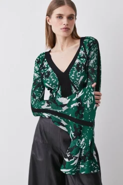 Outlet 😍 Karen Millen Slinky Embellished Jacquard Knit Top - dark green 🔥