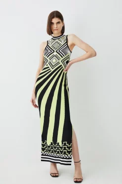 Best Sale 😉 Karen Millen Embellished Stripe Jacquard Knitted Maxi Column 👗 Dress - green 🌟