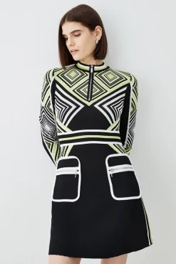 Top 10 π₯° Karen Millen Geo Jacquard Knit Fit And Flare Mini π Dress - mono π