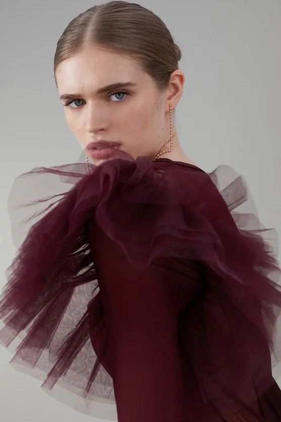 Promo π Karen Millen Bandage Cut Out Mesh Tulle Frill Mini π Dress - chocolate π - Image 2