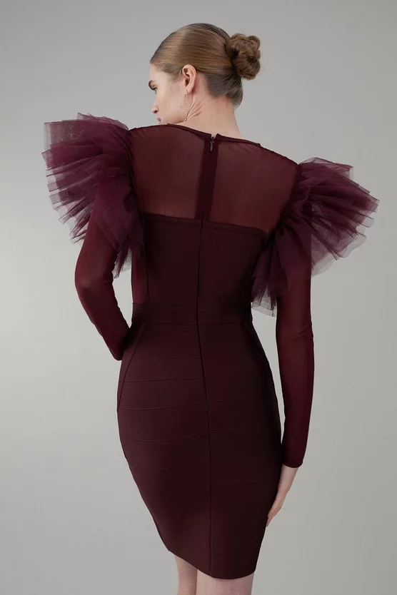 Promo π Karen Millen Bandage Cut Out Mesh Tulle Frill Mini π Dress - chocolate π - Image 3