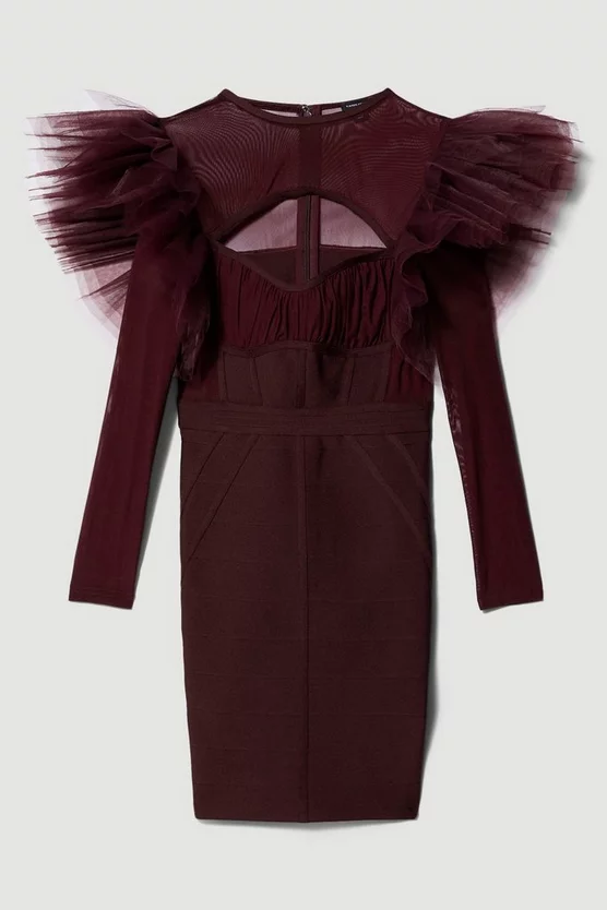 Promo π Karen Millen Bandage Cut Out Mesh Tulle Frill Mini π Dress - chocolate π - Image 4