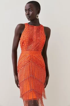 Wholesale 🎉 Karen Millen Embellished Halter Fringed Mini 👗 Dress - orange 😀