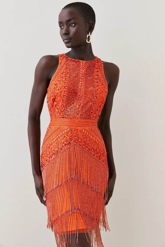 Cheapest π Karen Millen Tall Embellished Halter Fringed Mini π Dress - orange β€οΈ