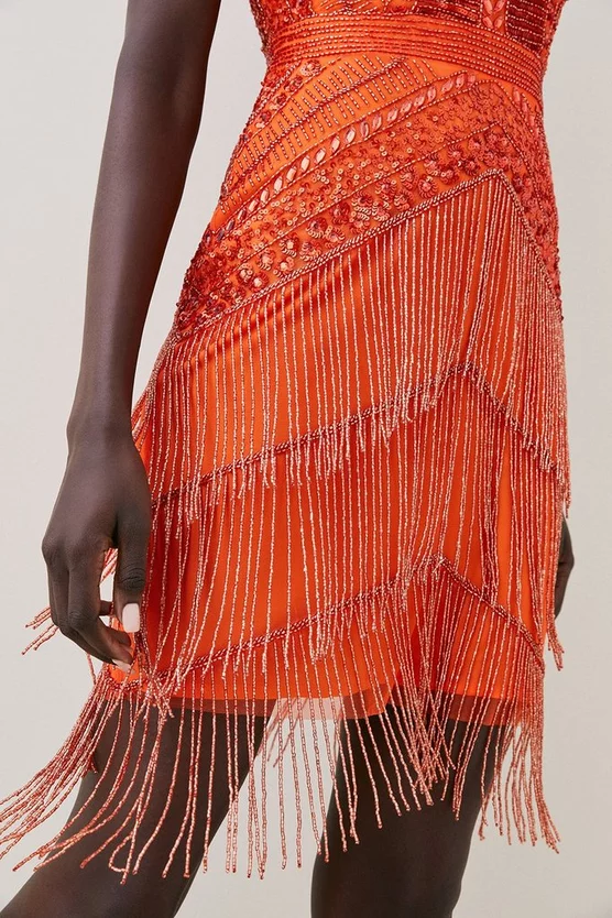 Cheapest π Karen Millen Tall Embellished Halter Fringed Mini π Dress - orange β€οΈ - Image 2