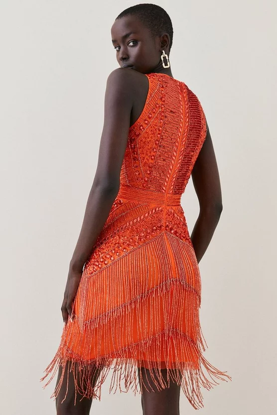 Cheapest π Karen Millen Tall Embellished Halter Fringed Mini π Dress - orange β€οΈ - Image 3