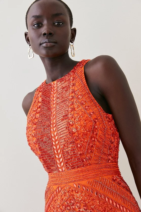 Cheapest π Karen Millen Tall Embellished Halter Fringed Mini π Dress - orange β€οΈ - Image 5