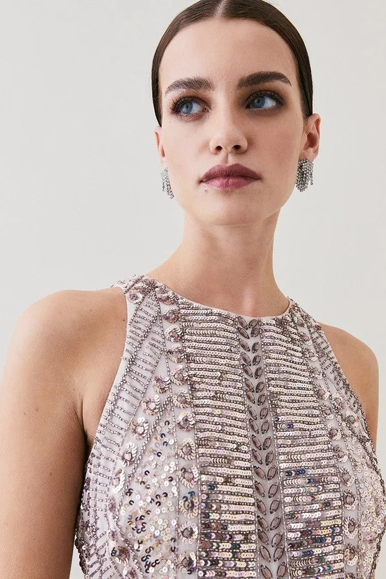 Promo β€οΈ Karen Millen Petite Embellished Halter Fringed Mini π Dress - blush β¨ - Image 3