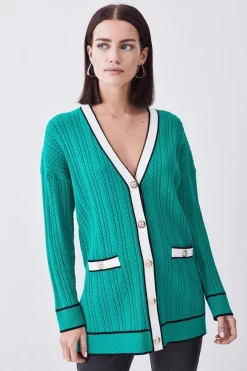 Best Pirce ⌛ Karen Millen Petite Military Style Cable Knit Long Cardigan - green 🎉