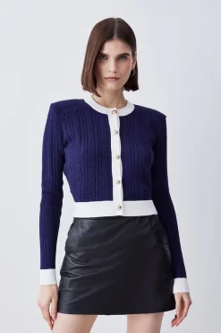 Best Pirce ⌛ Karen Millen Military Style Cable Knit Crop Cardigan - navy ✔️