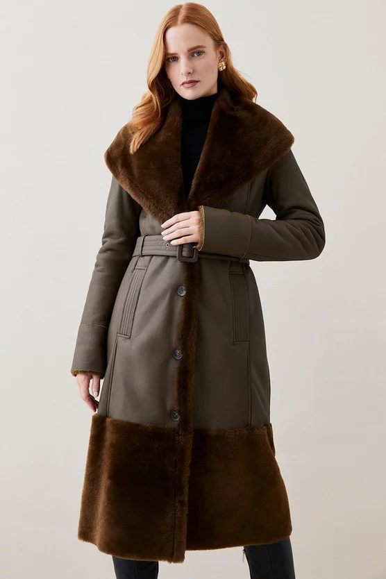 Cheap 🌟 Karen Millen Lydia Millen Shearling And Leather Shawl Collar Belted 🧥 Coat - dark olive 😉 - Image 2