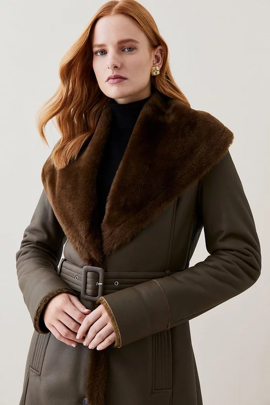 Cheap 🌟 Karen Millen Lydia Millen Shearling And Leather Shawl Collar Belted 🧥 Coat - dark olive 😉 - Image 3