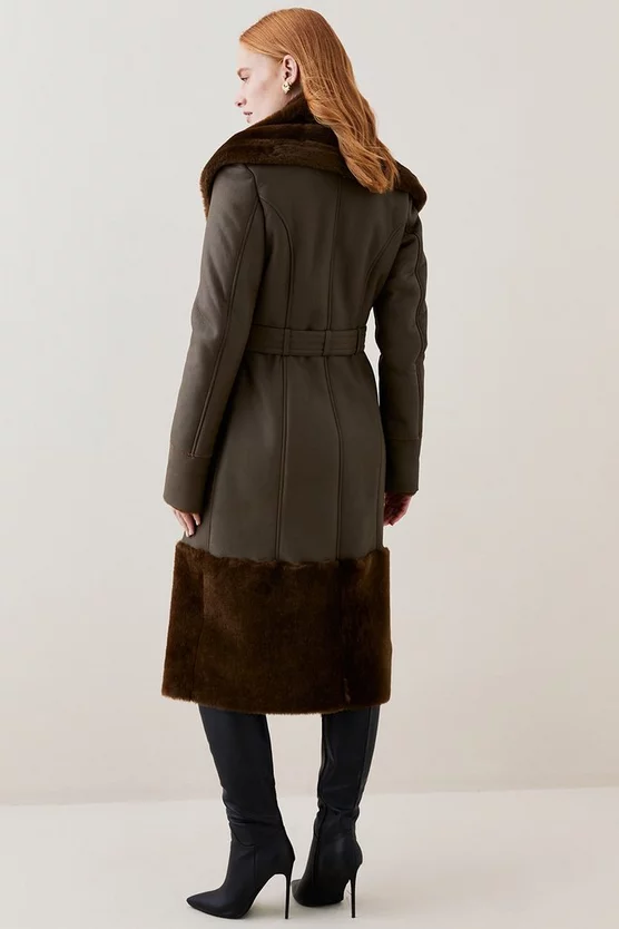 Cheap 🌟 Karen Millen Lydia Millen Shearling And Leather Shawl Collar Belted 🧥 Coat - dark olive 😉 - Image 4