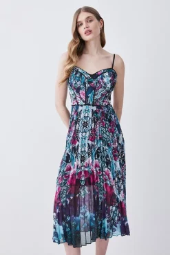 Cheap ✨ Karen Millen Ombre Tile Pleat Corset Detail Woven Strappy Midi 👗 Dress - purple ✔️