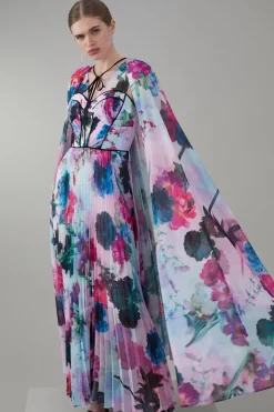 Best Sale ⭐ Karen Millen Floral Pleated Corset Woven Maxi 👗 Dress With Detachable Cape 👍