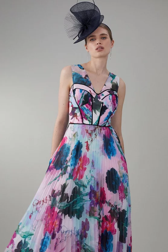 Best Sale β Karen Millen Floral Pleated Corset Woven Maxi π Dress With Detachable Cape π - Image 2