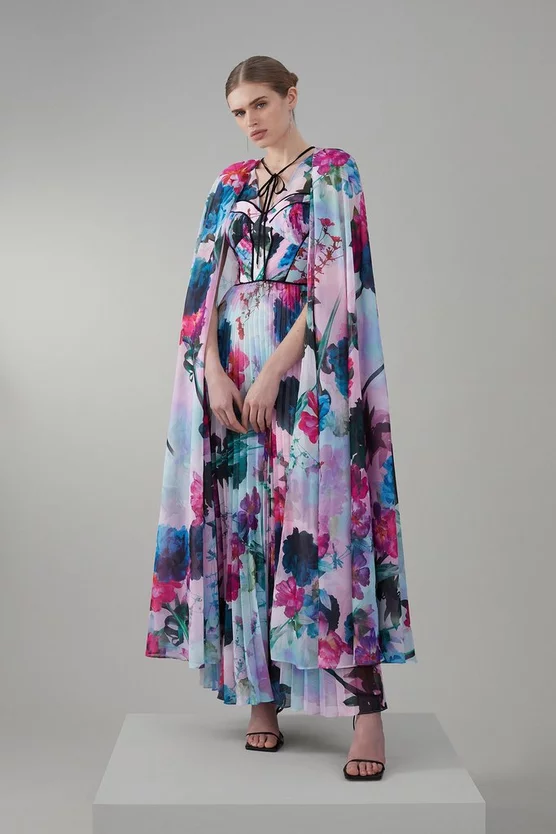 Best Sale β Karen Millen Floral Pleated Corset Woven Maxi π Dress With Detachable Cape π - Image 3