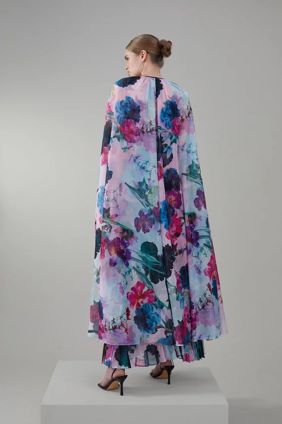 Best Sale β Karen Millen Floral Pleated Corset Woven Maxi π Dress With Detachable Cape π - Image 7