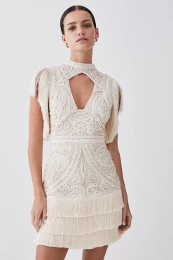 Best deal 😍 Karen Millen Petite Cornelli Embellished Fringed Woven 👗 Dress - ivory 🌟