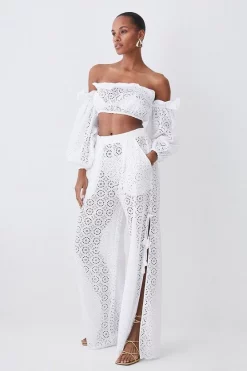 Coupon 💯 Karen Millen Beach Broderie Split Leg Trouser - white 😀