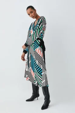 New ⌛ Karen Millen Spliced Stripe Printed Wrap Woven Midi 👗 Dress 🎉