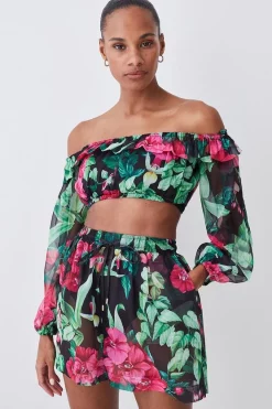 Outlet 🤩 Karen Millen Tropical Bardot Crop Top Beach Cover Up - multi 😀