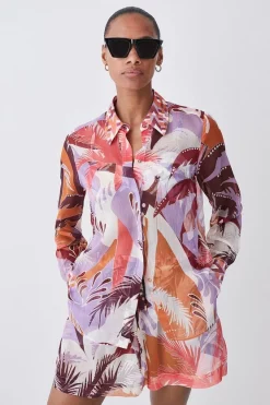 Cheapest 👏 Karen Millen Tropical Ikat Printed Woven Beach 👚 Shirt Cover Up - orange 🔔