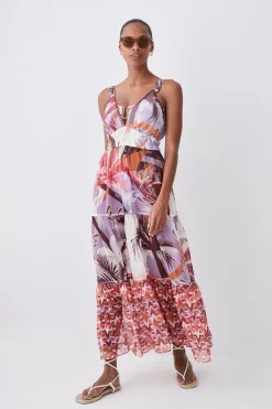 Outlet 🔔 Karen Millen Tropical Ikat Printed Woven Beach Maxi 👗 Dress - orange 😉