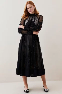 Flash Sale 💯 Karen Millen Lydia Millen Tall Floral Applique Mesh Woven Midi 👗 Dress - black ⭐