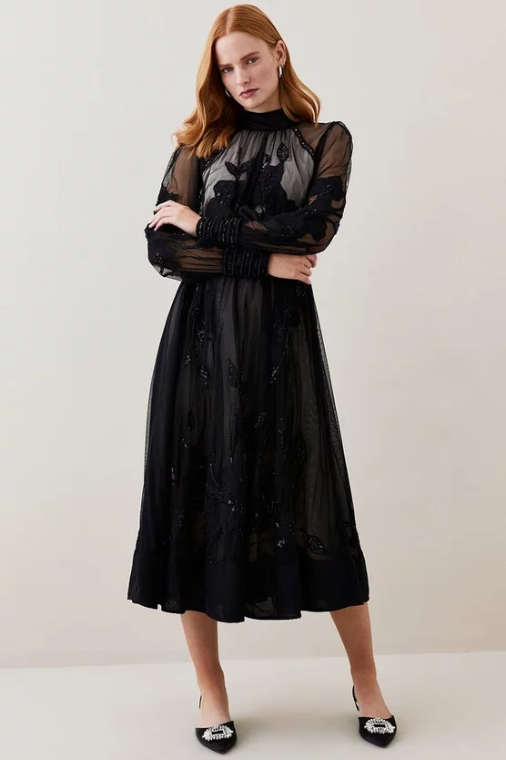 Flash Sale π― Karen Millen Lydia Millen Tall Floral Applique Mesh Woven Midi π Dress - black β