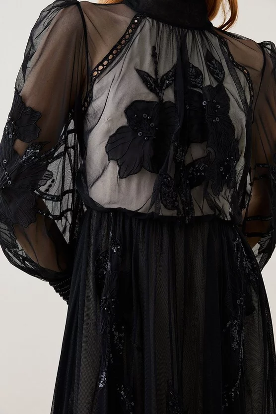Flash Sale π― Karen Millen Lydia Millen Tall Floral Applique Mesh Woven Midi π Dress - black β - Image 2