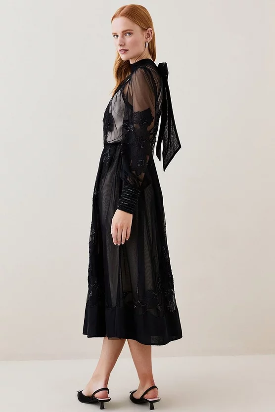 Flash Sale π― Karen Millen Lydia Millen Tall Floral Applique Mesh Woven Midi π Dress - black β - Image 3
