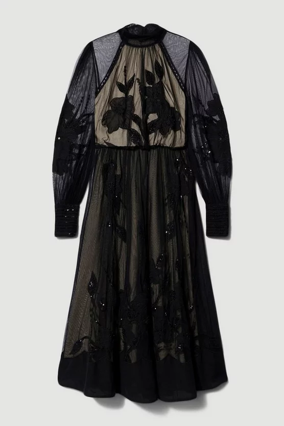 Flash Sale π― Karen Millen Lydia Millen Tall Floral Applique Mesh Woven Midi π Dress - black β - Image 4