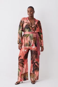 Flash Sale 👍 Karen Millen Plus Size Satin Palm Printed Woven Trousers - orange 🔥