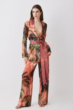 Outlet 🔥 Karen Millen Petite Satin Palm Printed Woven Trousers - orange 👍