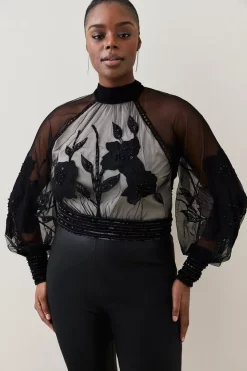 Best Pirce 🌟 Karen Millen Lydia Millen Plus Size Floral Applique Blouse - black 🤩