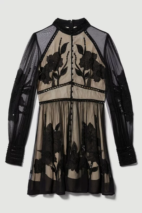 Cheapest π₯° Karen Millen Lydia Millen Floral Applique Mesh Woven Mini π Dress - black π - Image 5