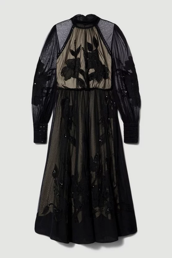 Best deal β€οΈ Karen Millen Lydia Millen Petite Floral Applique Mesh Woven Midi π Dress - black π€© - Image 4