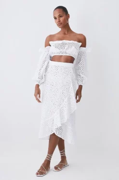 Brand new ✔️ Karen Millen Beach Broderie Wrap Ruffle Midi 👗 Skirt - white ⭐