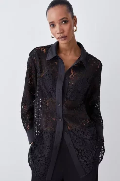 Outlet 🛒 Karen Millen Italian Lace & Satin Tailored Longline 👚 Shirt - black 🎉