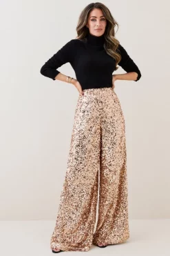 Hot Sale π Karen Millen Lydia Millen Textured Sequin Wide Leg Woven Trousers - rose gold π€©