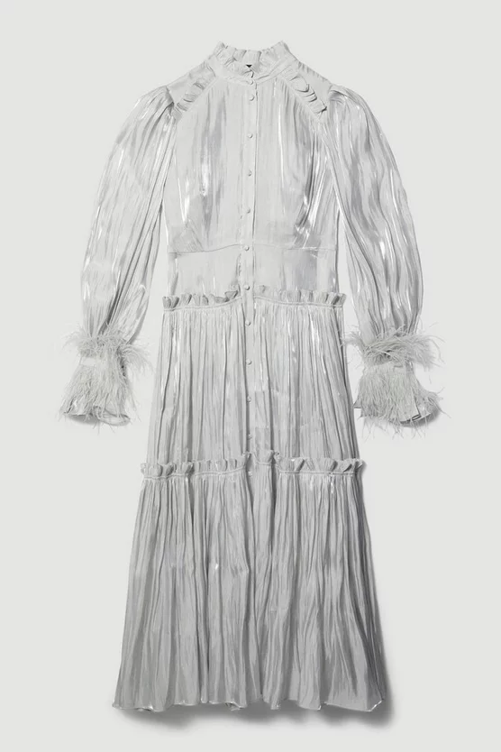 Outlet π Karen Millen Lydia Millen Metallic Ruffle Woven Midi π Shirt π Dress - metallic silver β¨ - Image 5