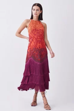 Buy π Karen Millen Petite Ombre Fringe Strappy Beaded Maxi π Dress - orange π