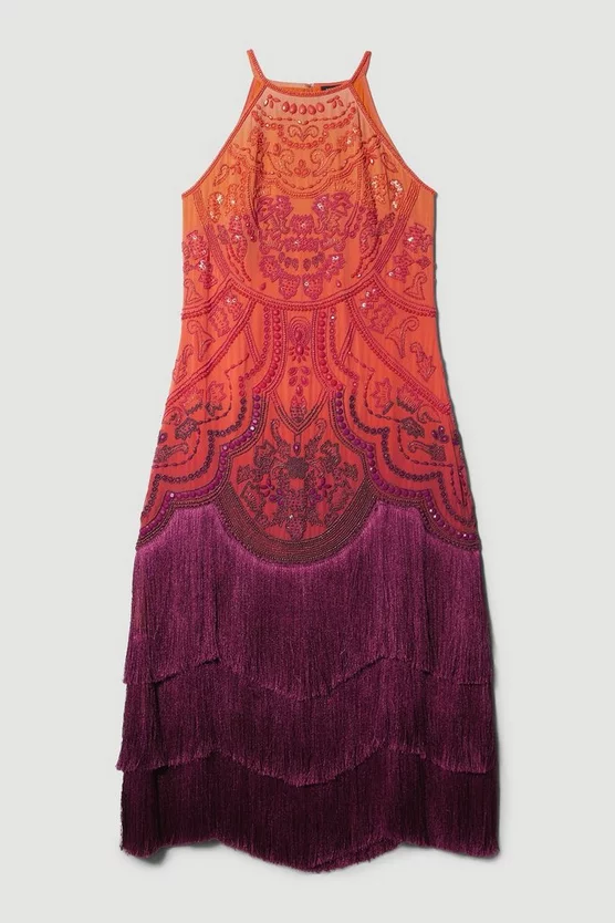 Buy π Karen Millen Petite Ombre Fringe Strappy Beaded Maxi π Dress - orange π - Image 4