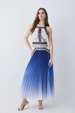 New π Karen Millen Geo Guipure Metallic Woven Pleat Midi - blue π₯
