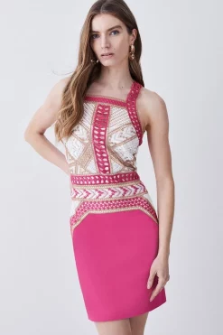 Top 10 ❤️ Karen Millen Geo Guipure Metallic Lace Woven Mini 👗 Dress - pink 😀