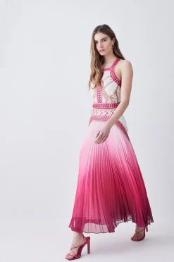 Outlet ✔️ Karen Millen Geo Guipure Metallic Woven Pleat Midi - pink ✨