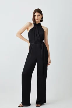 Deals ✨ Karen Millen Satin Halter Neck Woven Jumpsuit - black ⌛