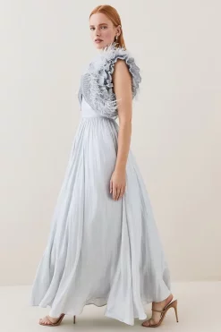 Discount ✔️ Karen Millen Lydia Millen Tall Metallic Feather Ruffle Woven Maxi 👗 Dress - metallic silver 😀